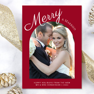 Married and Merry Christmas Arch Photo Red Holiday Card