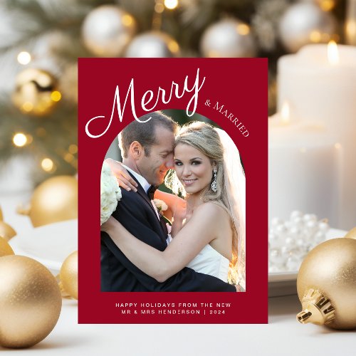 Married and Merry Christmas Arch Photo Red Holiday Card