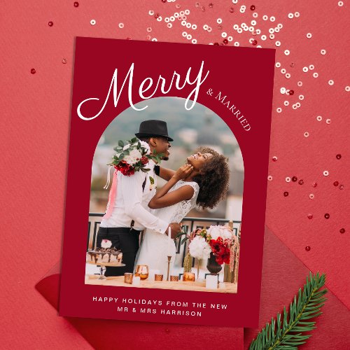 Married and Merry Christmas Arched Photo Red Holiday Card