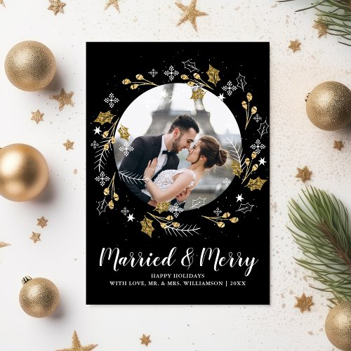 Married and Merry Christmas Photo Gold Botanical Holiday Card