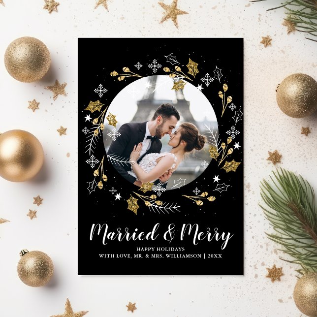 Married and Merry Christmas Photo Gold Botanical Holiday Card (Creator Uploaded)