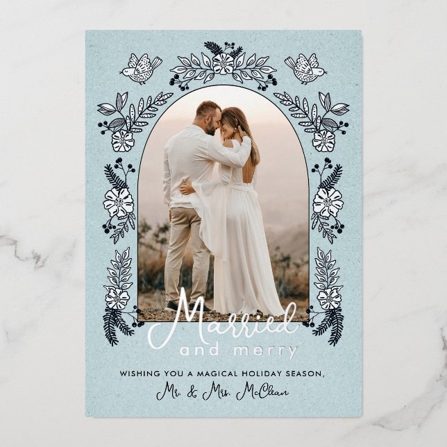 Married and Merry Christmas Wedding Photo Arch Foil Holiday Card (Front)