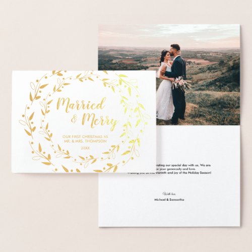 Married and Merry Christmas Wedding photo Thanks Foil Card