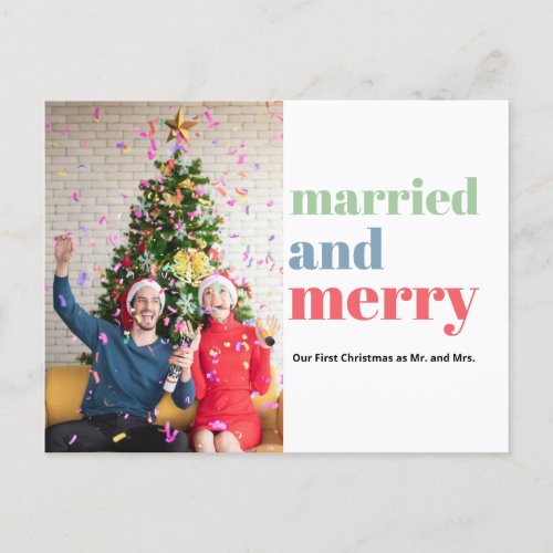 Married And Merry Colorful Modern First Christmas Holiday Postcard