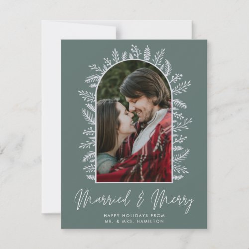  Married and Merry Couple Photo Green Christmas Holiday Card