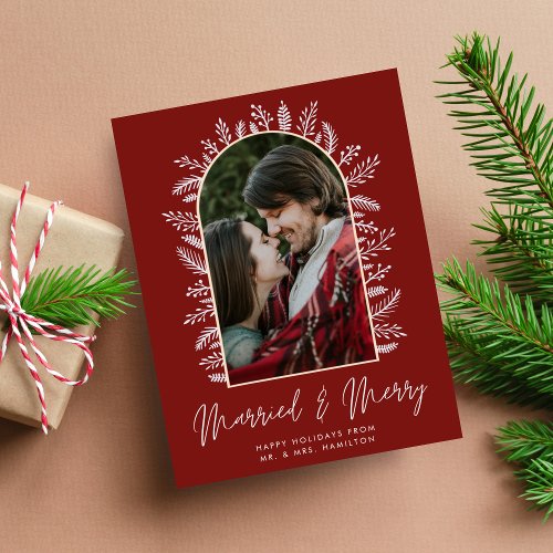  Married and Merry Couple Photo Red Christmas Holiday Card