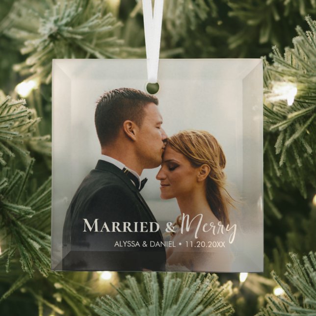 Married and Merry Custom Photo Newlywed Christmas Glass Ornament (Insitu)