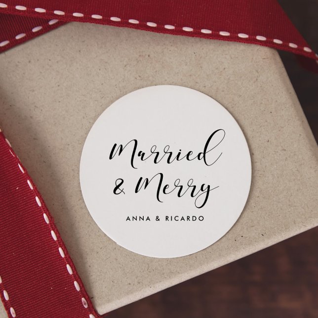 Married and Merry elegant holiday Classic Round Sticker (Creator Uploaded)