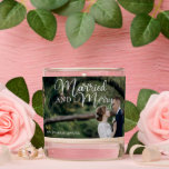 Married and Merry Elegant Newlywed Photo Christmas Scented Candle<br><div class="desc">Gorgeous white calligraphy reading Married and Merry over your full wedding photograph for a beautiful newlywed holiday candle gift. This just married couple Christmas present features your custom names and anniversary date. Add a 2nd couple photo on the back.</div>