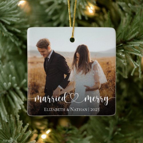 Married and Merry Elegant Photo Christmas Ceramic Ornament