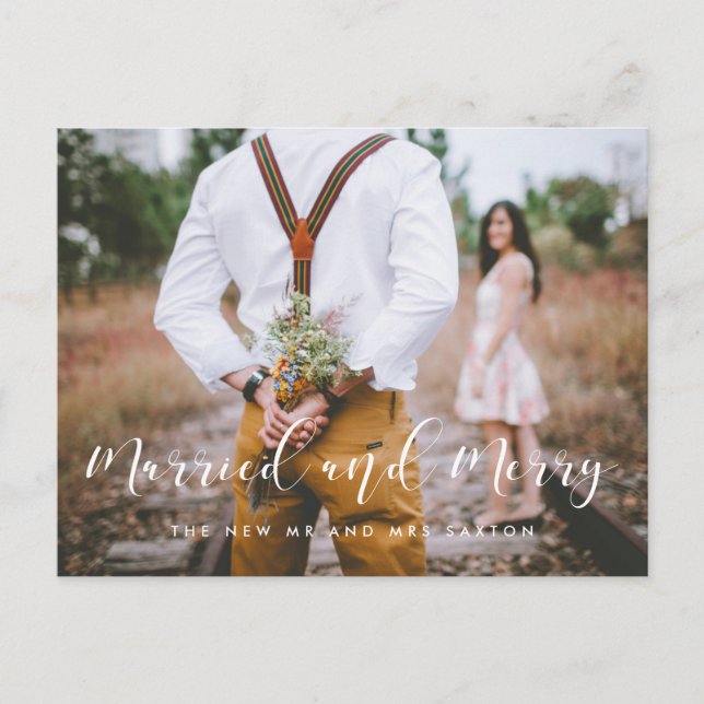 Married and Merry elegant photo Christmas Postcard (Front)