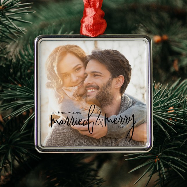 Married and Merry Elegant Script Name and Date Metal Ornament (Creator Uploaded)