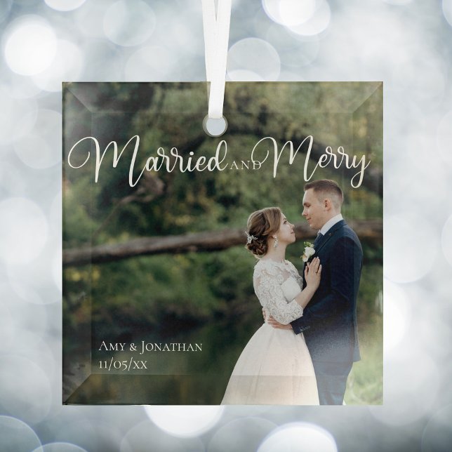 Married and Merry Elegant Wedding Photo Christmas Glass Ornament (Creator Uploaded)