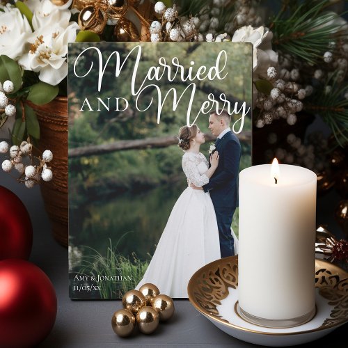 Married and Merry Elegant Wedding Photo Christmas Holiday Card