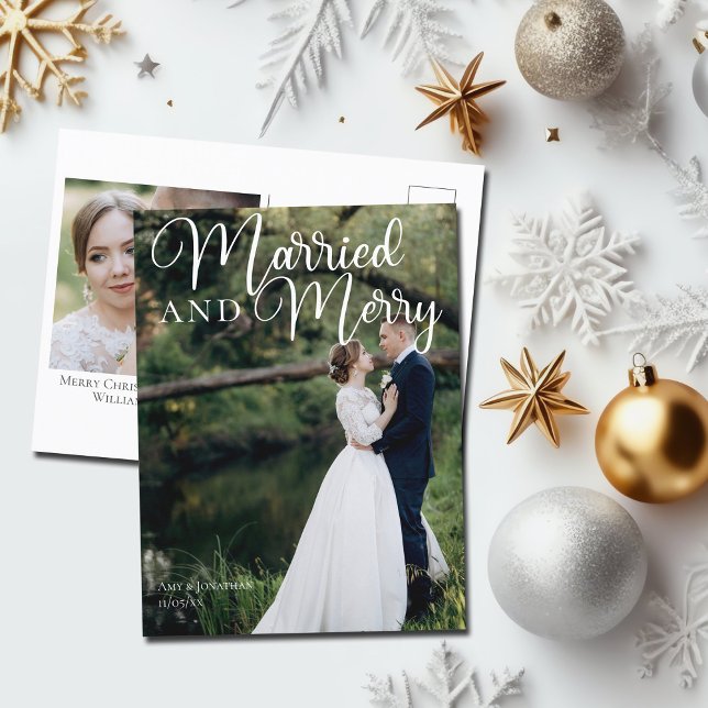 Married and Merry Elegant Wedding Photo Christmas Postcard (Creator Uploaded)