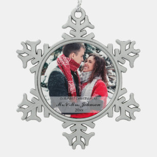 Married and Merry First Christmas Photo Snowflake Pewter Christmas Ornament