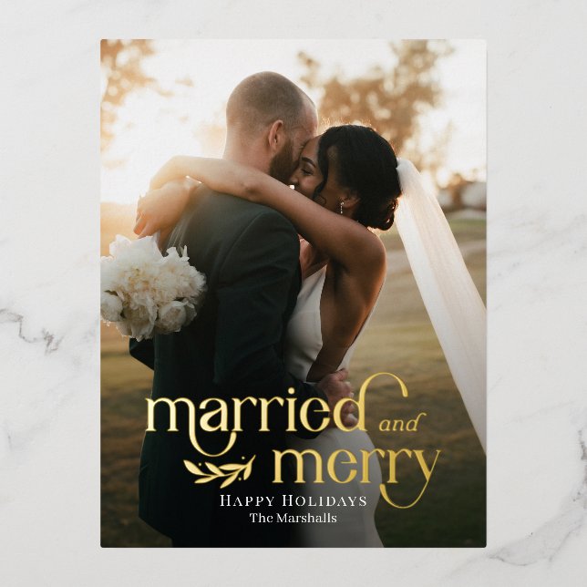Married and Merry Foil Newlywed Holiday Postcard (Front)