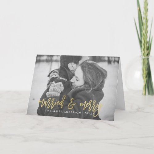 Married and Merry  Gold Folded Holiday Photo Card