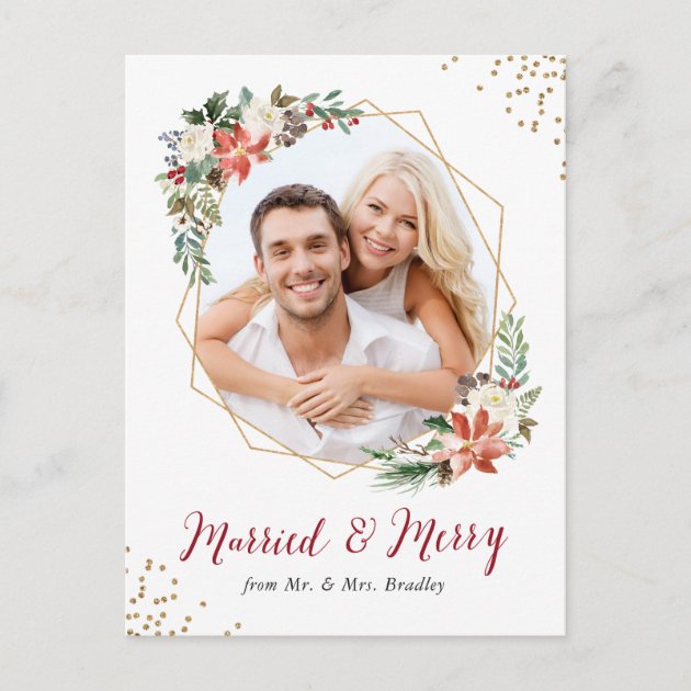 Married And Merry Gold Geometric Newlywed Photo Holiday Postcard