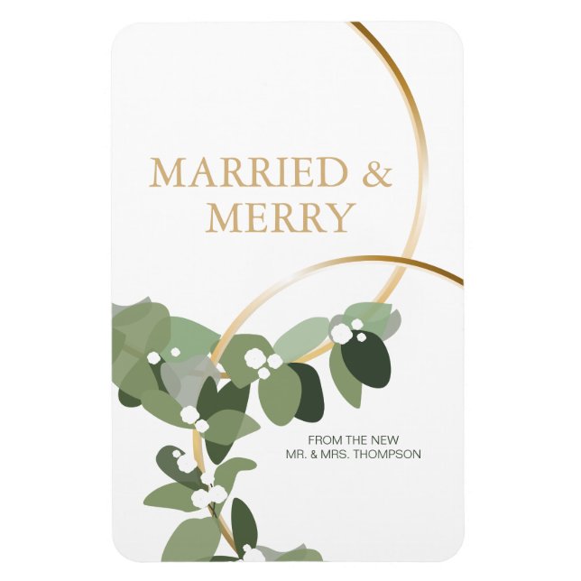 Married and Merry Gold Rings Newlywed Christmas Magnet (Vertical)