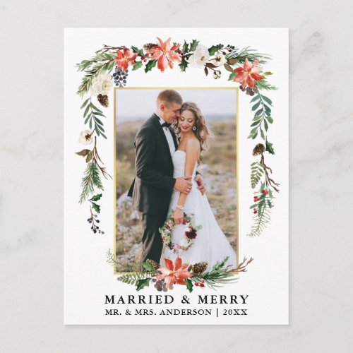 Married and Merry Gold Watercolor Winter Floral Postcard