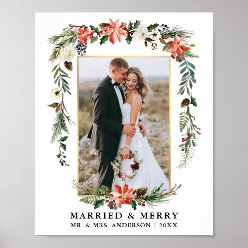 Married and Merry Gold Watercolor Winter Floral Poster