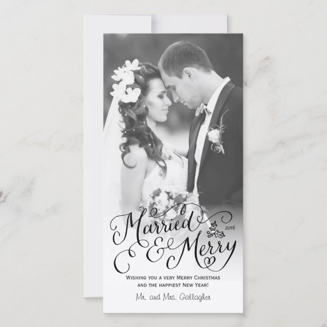 Married and Merry Hand Lettered White Holiday Card (Front)