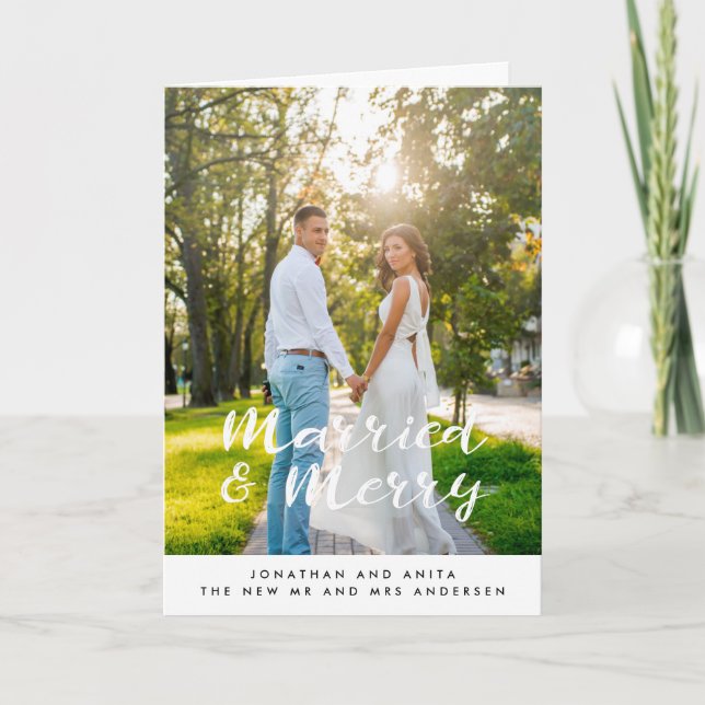 Married and Merry handwritten wedding Holiday Card (Front)