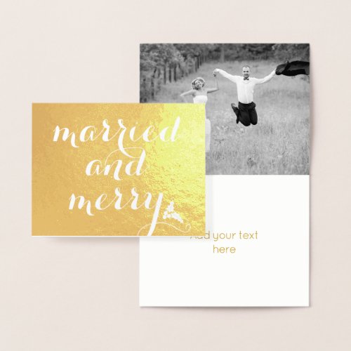 Married and Merry _ holly berry Christmas gold Foil Card