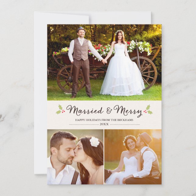 Married and Merry Holly Christmas Chevron Photo Holiday Card (Front)
