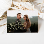 Married and Merry Lettering Newlywed Photo Foil Holiday Card<br><div class="desc">Full photo holiday card featuring our original hand-lettering that says "Married & Merry." Add additional photos and personalized text to the back.</div>
