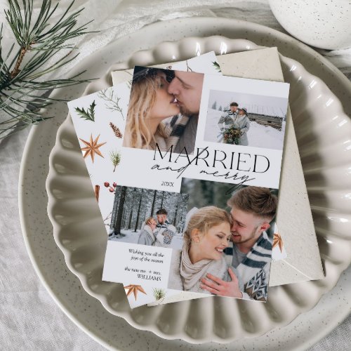 Married and Merry Modern 4 Photo Newlywed Holiday Card