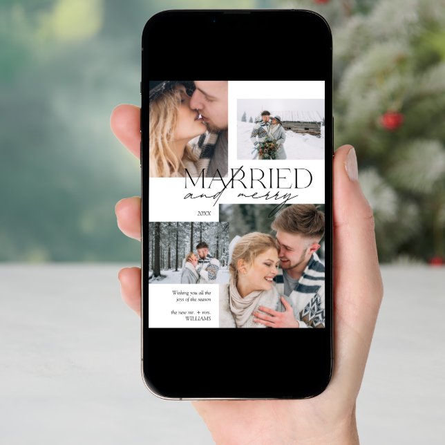Married and Merry Modern 4 Photo Newlywed Holiday Card (Front Digital)