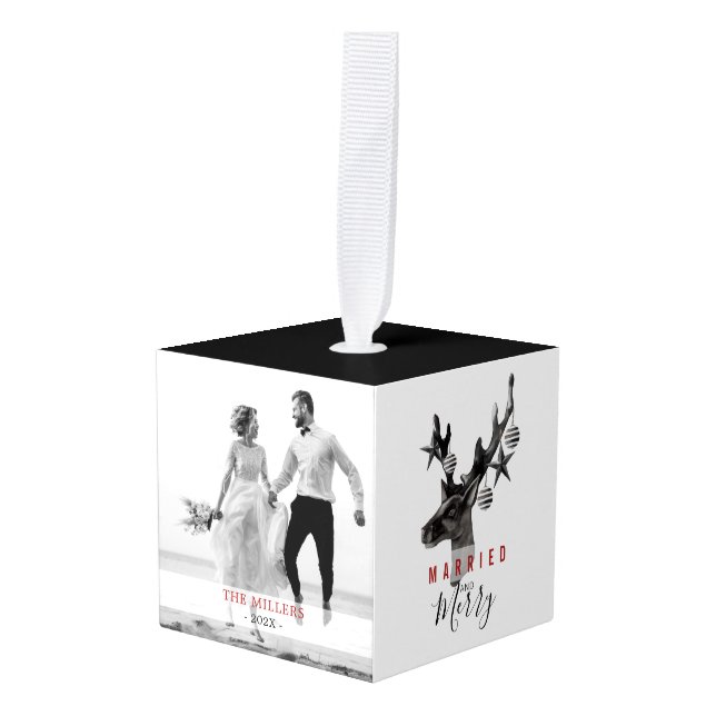 Married and Merry Modern Black white deer 2 photos Cube Ornament (Front Angled)