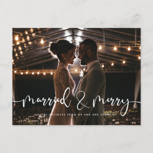Married and Merry Modern calligraphy Christmas Postcard