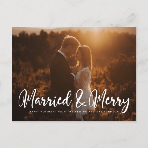 Married and Merry Modern chic photo Christmas Postcard