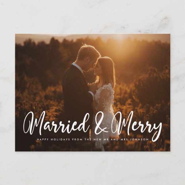 Married and Merry Modern chic photo Christmas Postcard (Front)