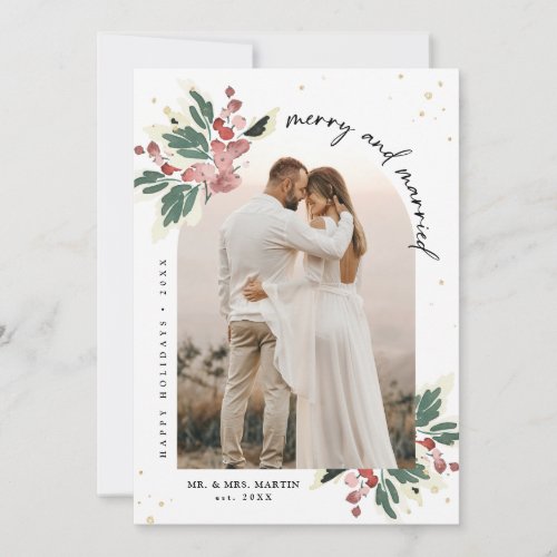Married and Merry Modern Christmas Photo Arch Holiday Card