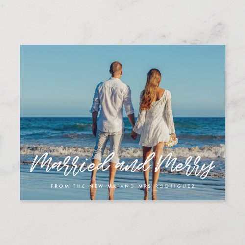 Married and Merry modern couple holiday photo Postcard