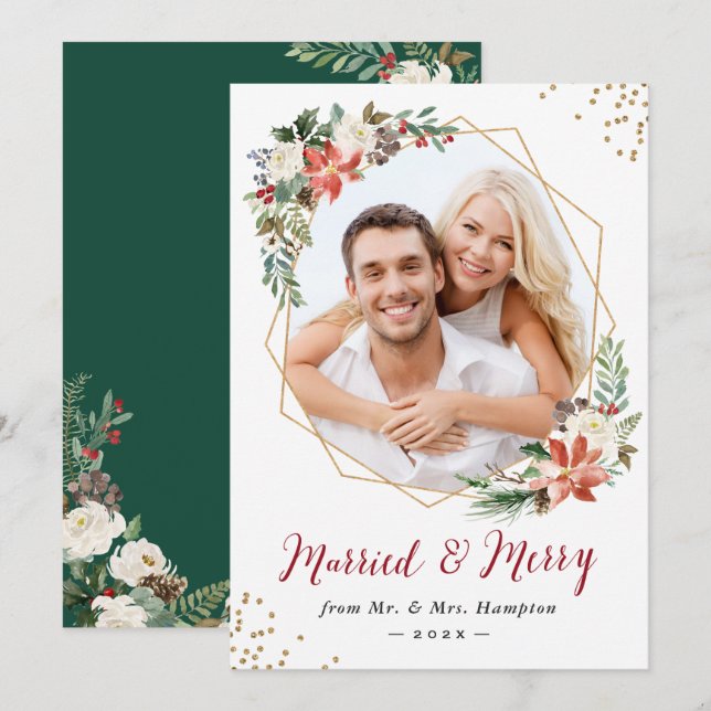 Married and Merry Modern Geometric Newlywed Photo Holiday Card (Front/Back)