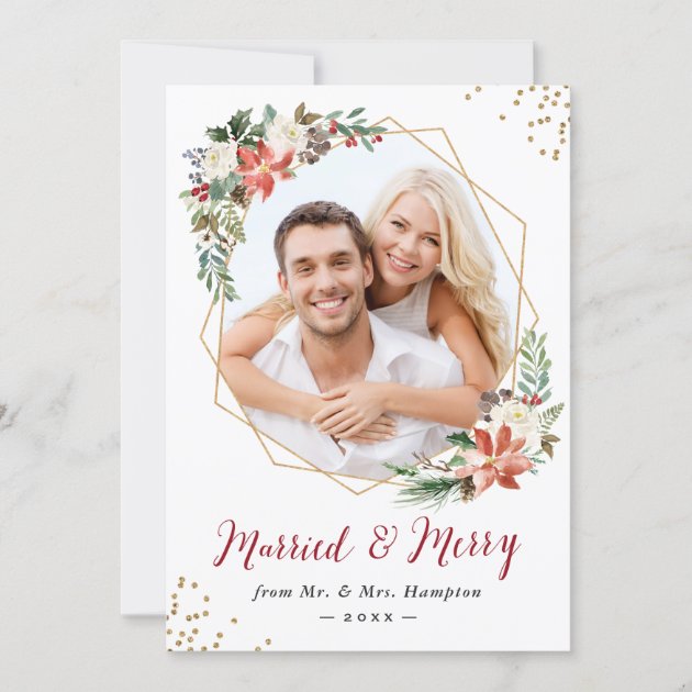 Married And Merry Modern Geometric Newlywed Photo Holiday Card