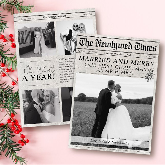 Married and Merry Modern Newspaper Photo Christmas Holiday Card (Married and Merry first Christmas Mr & Mrs modern newspaper photo what a year elegant holiday card)
