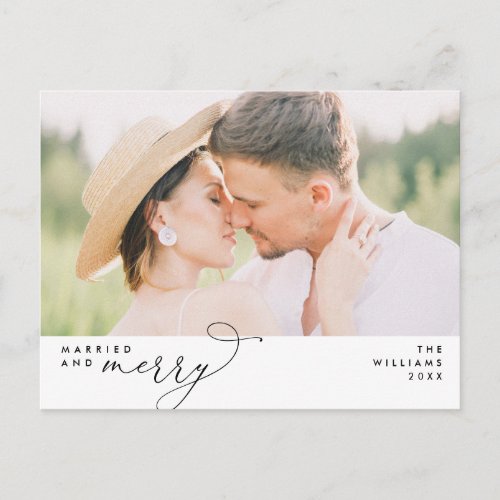 Married and Merry Modern Script Photo Holiday  Postcard