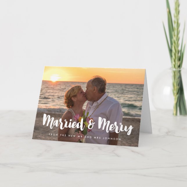 Married and Merry modern wedding photo Holiday Card (Front)