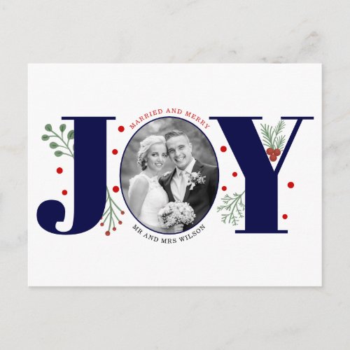 Married and Merry navy JOY Christmas holiday photo Postcard