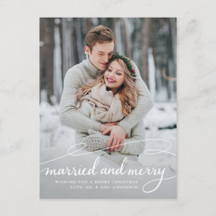 Married and Merry Newlywed 2 Photo Holiday Announcement Postcard