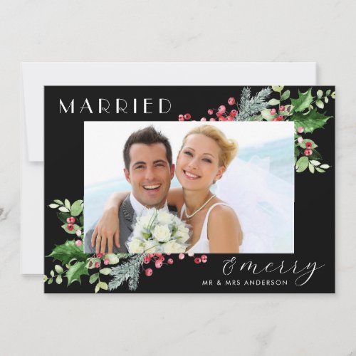 Married And Merry Newlywed Botanical Berry Photo Holiday Card