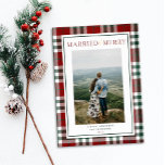 Married and Merry Newlywed Christmas Card<br><div class="desc">Married and Merry! This Newlywed Christmas card features a festive red and greed plaid background and traditional typography. Customize with your favorite wedding photo and get ready to celebrate your first Christmas as Mr. and Mrs.</div>