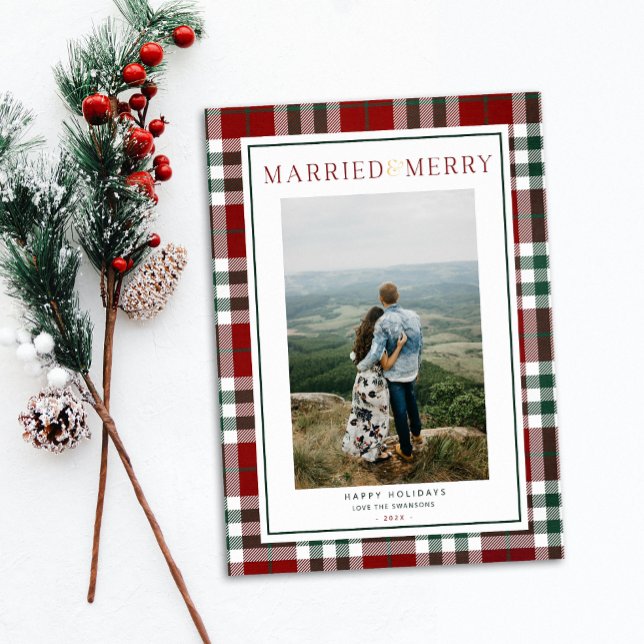 Married and Merry Newlywed Christmas Card (Married and Merry Plaid green and red photo Holiday card on white background with festive sprig)