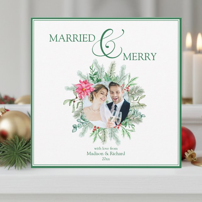 Married and Merry Newlywed Christmas Holiday Card (elegant married and merry our first married christmas card for newlywed couples)